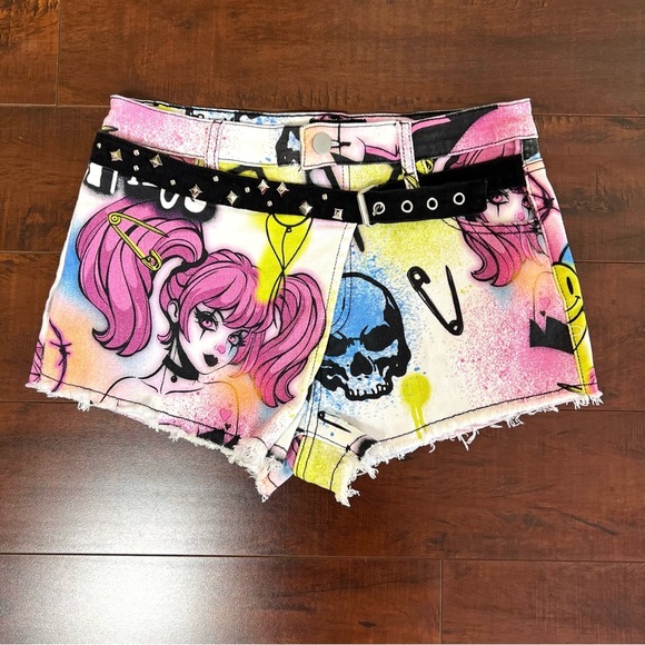 DOLLS KILL Current Mood X Delia’s Graffiti Denim Shorts Attached Belt Size Med - Picture 2 of 10
